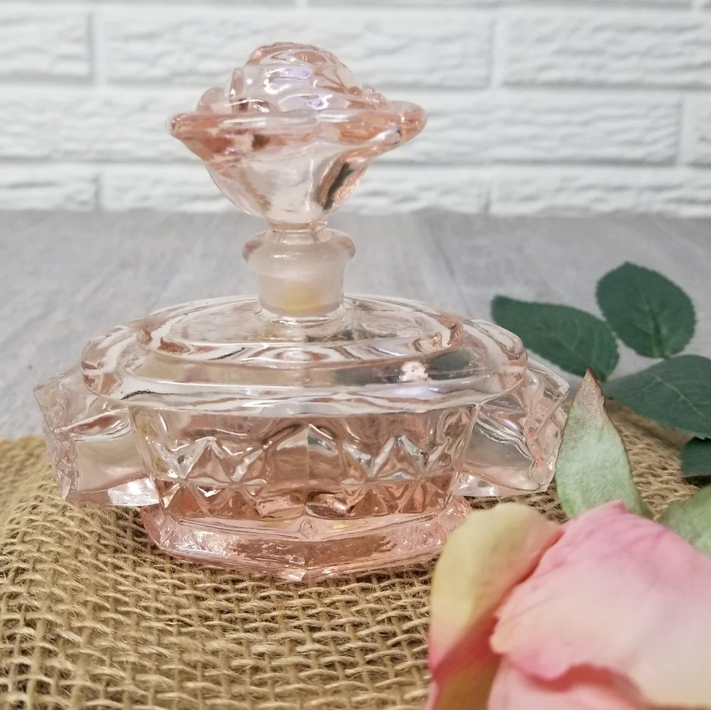 Vintage Pink Glass Perfume Bottle With Rose Stopper - Picture 15 of 16